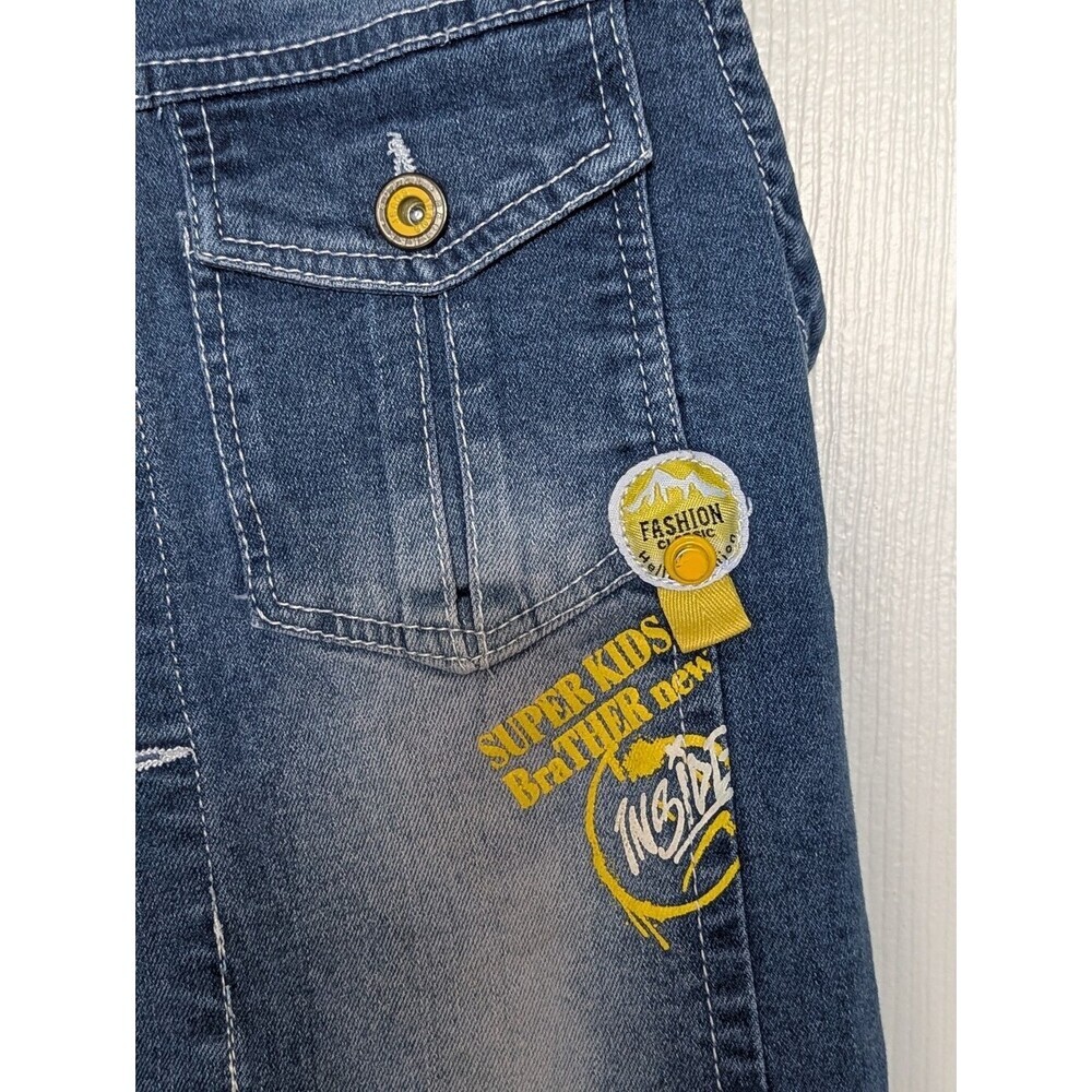 NWT Kids (Size 12Y) Distressed Denim Vest w/Yellow Jersey Hood & Patch Details - Picture 3 of 10